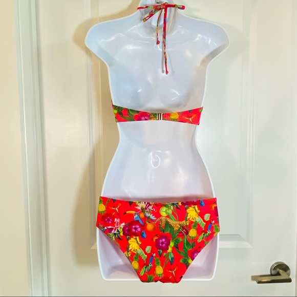 Hot Coral Pink Tropical Print 2 pc Bathing Suit 8 - Picture 13 of 14